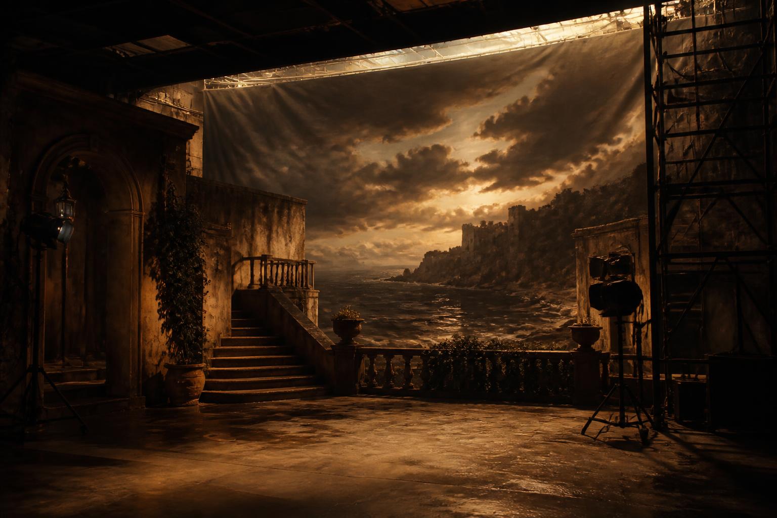 Cinematic film set with painted backdrop and stage lighting